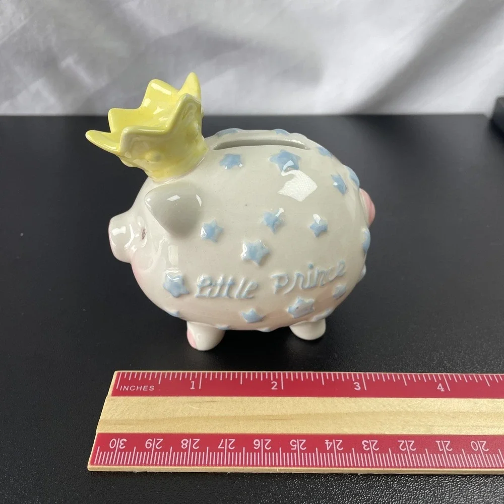 MUD PIE BABY LITTLE PIG PRINCE COIN BANK Blue White Pink With Yellow Crown!